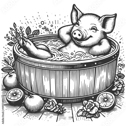 cheerful pig relaxing in a bathtub, blending humor and rustic charm in a detailed classic etching sketch engraving generative ai vector illustration. Scratch board imitation. Black and white image.