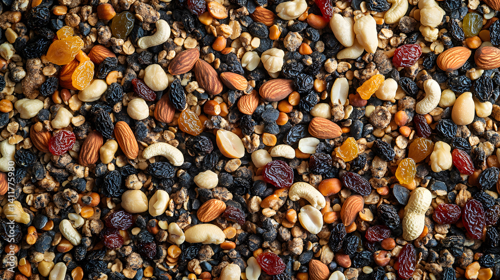 a high quality top shot of a million nuts and dried fruits, walnuts, cashew, peanuts, dried banana, raisins, pumpkin seed, a great variety of nuts and dried fruit a high quality top shot of a million nuts and dried fruits, walnuts, cashew, peanuts, dried banana, raisins, pumpkin seed, a great variety of nuts and dried fruit