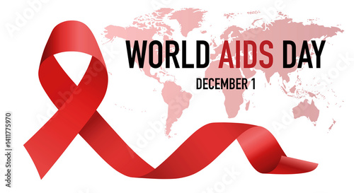 World AIDS Day, December 1st. Red ribbon symbol of AIDS awareness against world map. Awareness poster.