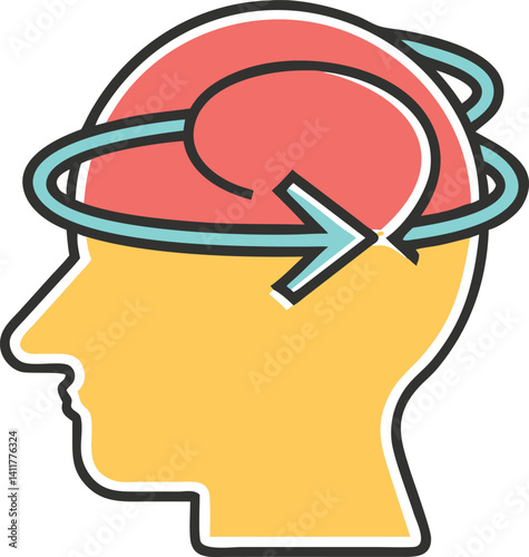 Conceptual Head Silhouette with Arrow Orbiting, Mental Process on White