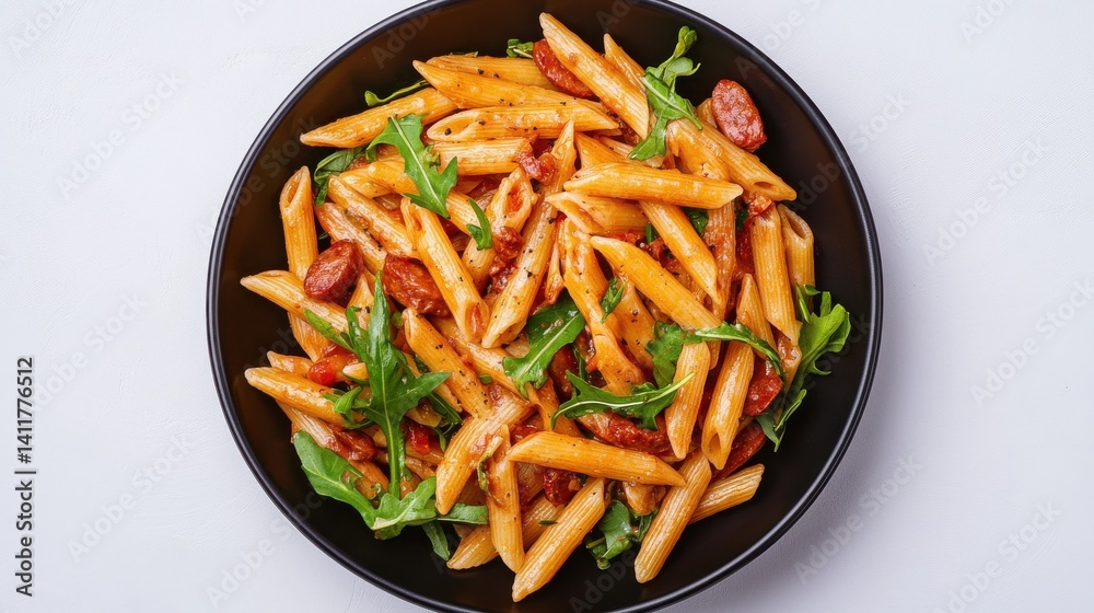 A vibrant plate of penne pasta mixed with slices of sausage and fresh arugula, garnished with herbs and spices. A vibrant plate of penne pasta mixed with slices of sausage and fresh arugula, garnished with herbs and spices.