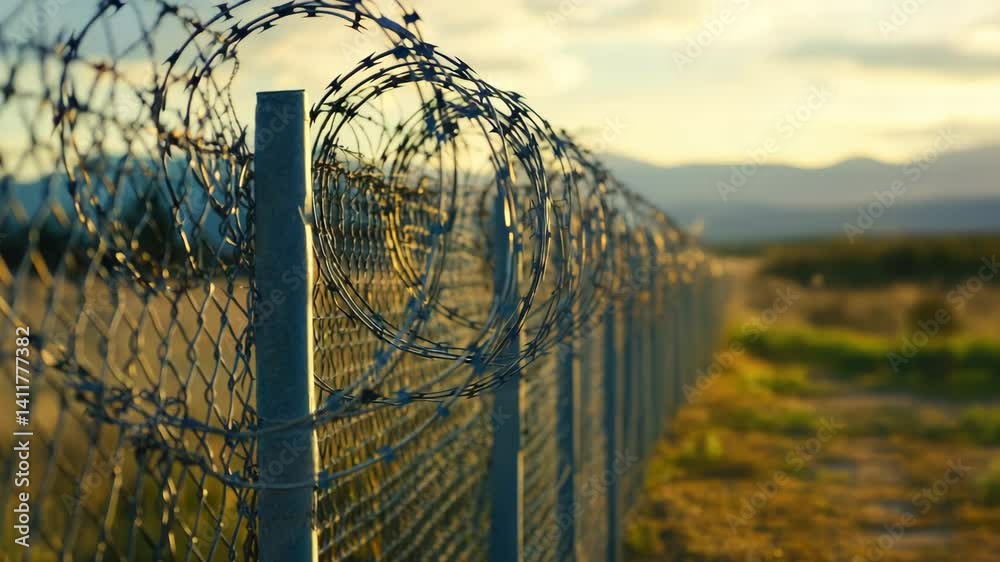 Long stretch chain-link fence topped with barbed wire. Security isolation. Boundaries, confinement, protection. Dangerous fenced area, no entry allowed. Prison, private property, government facility.