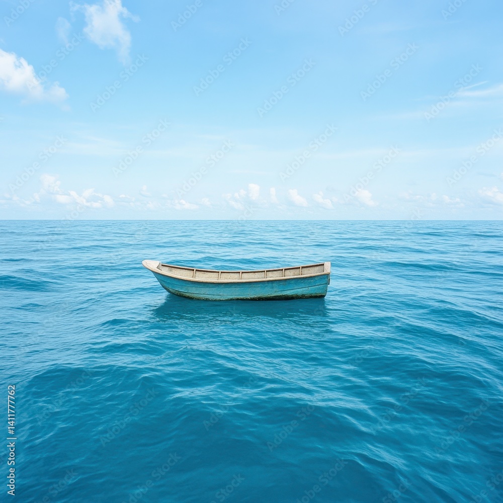 Naklejka premium A solitary boat floating on calm blue ocean water under bright blue sky with scattered clouds in a peaceful seascape