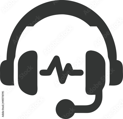 Dark Gray Headset Icon with Sound Waves on Transparent Background