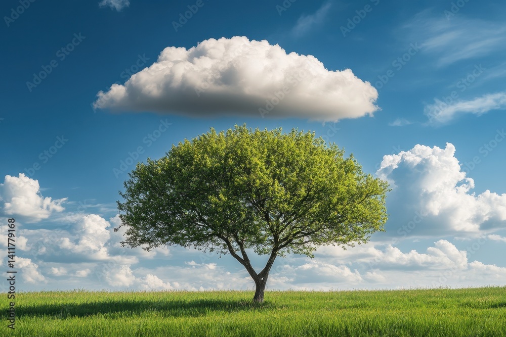 Obraz premium Cloud Tree. Fluffy Cloud on Tree Branch Sky Blue Summer Nature Landscape