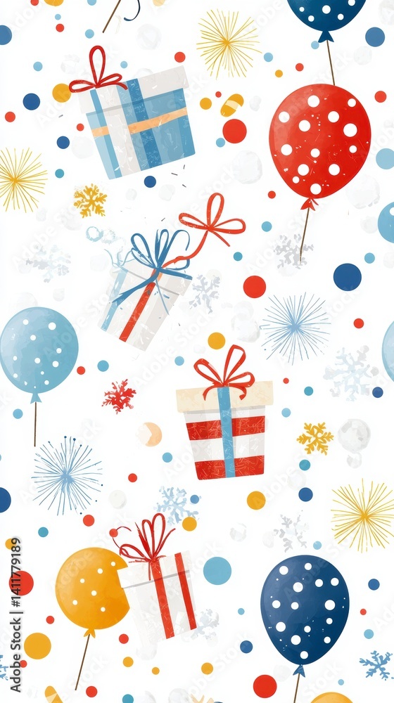 Festive celebration background with gifts and balloons colorful design graphic artwork whimsical theme