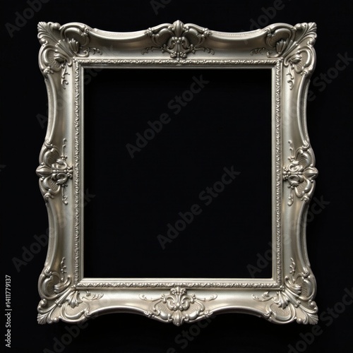 Ornate silver photo frame against a black background, photo frame, artwork, photo frame