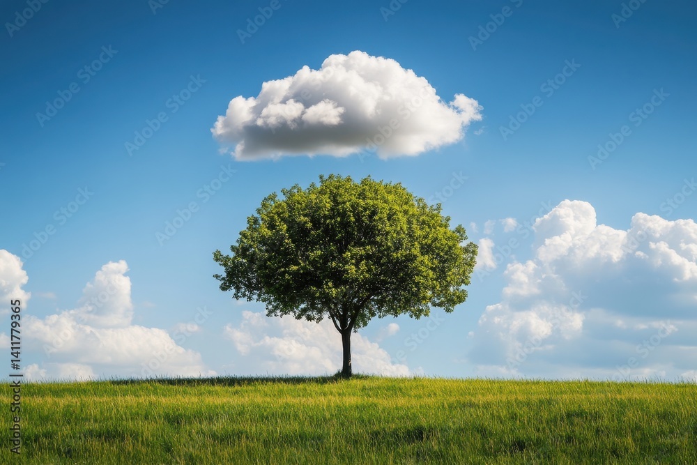 Obraz premium Cloud Tree. Fluffy Cloud Resting on Green Tree Branches in Summer Landscape