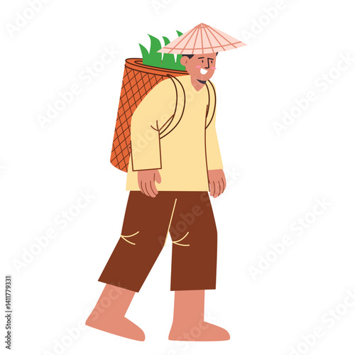 Farmer walking bring woven basket wearing hat working flat illustration cartoon agricultural farming activities