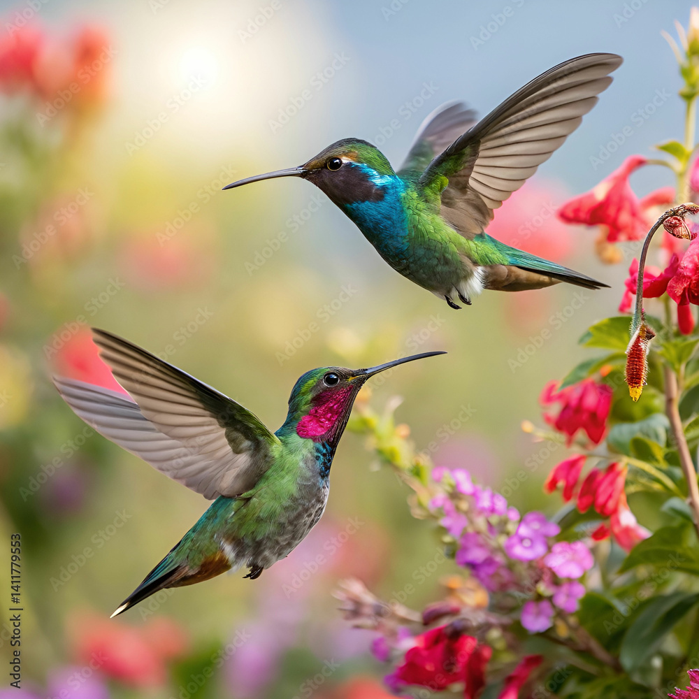 Fototapeta premium Hummingbirds, full-frame image of two hummingbirds in flight, captured mid-hover with iridescent feathers shimmering in the light, surrounded by vibrant flowers and lush greenery.