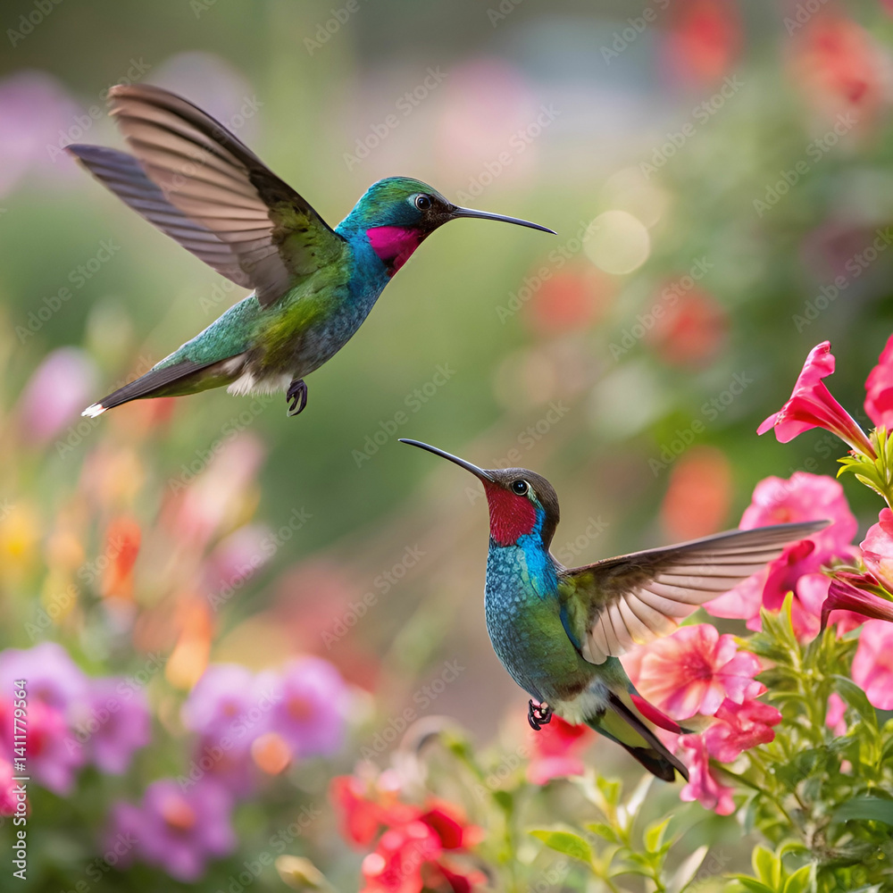 Obraz premium Hummingbirds, full-frame image of two hummingbirds in flight, captured mid-hover with iridescent feathers shimmering in the light, surrounded by vibrant flowers and lush greenery.