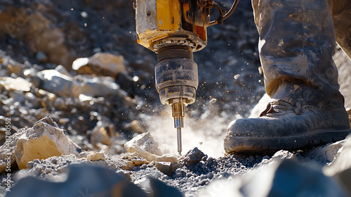 Mining laborer using a pneumatic drill to break apart rocks containing lithium ore at the site. Featuring pneumatic drilling