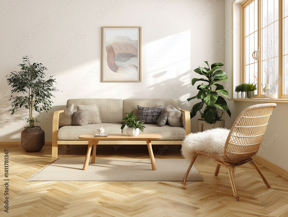 Fototapeta premium 観葉植物と木製家具に囲まれた北欧風の居心地よいリビングルーム
