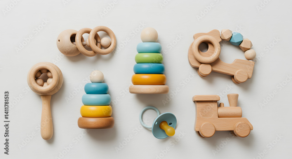 Obraz premium A charming collection of natural wooden baby toys and a pacifier, thoughtfully arranged in a flat lay composition.