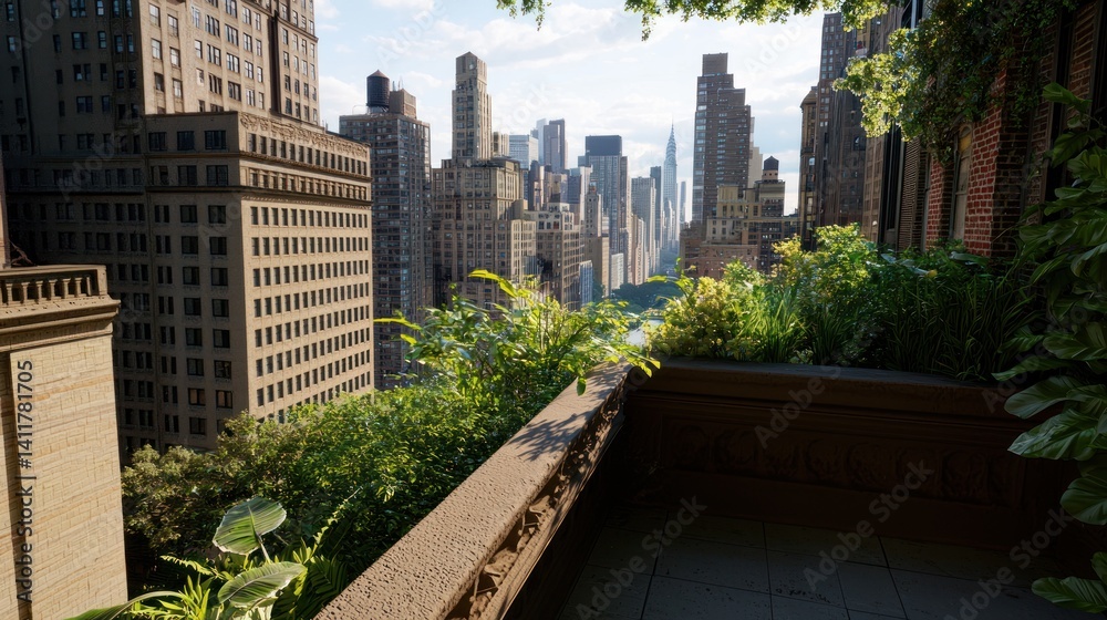 Fototapeta premium NYC penthouse balcony overlooking city skyline