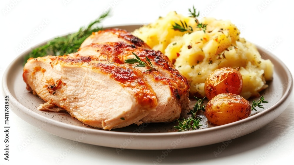 A plate featuring grilled chicken breast garnished with fresh rosemary, accompanied by a generous serving of creamy mashed potatoes. A plate featuring grilled chicken breast garnished with fresh rosemary, accompanied by a generous serving of creamy mashed potatoes.