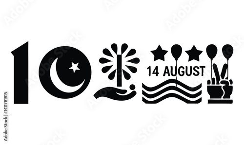 "Pakistan 14 August Independence Day Icons in Bold Black Style"