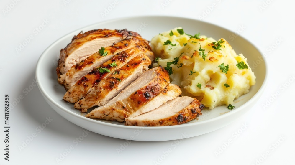 A plate featuring grilled chicken breast garnished with fresh rosemary, accompanied by a generous serving of creamy mashed potatoes. A plate featuring grilled chicken breast garnished with fresh rosemary, accompanied by a generous serving of creamy mashed potatoes.