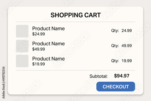 Online shopping cart interface with product list, prices, and checkout button