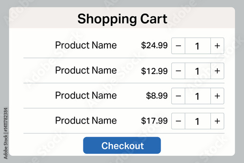 Online shopping cart interface with product list, prices, and checkout button