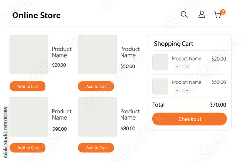 Online store layout with product list and shopping cart