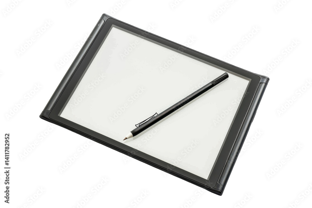 A sleek, modern writing tablet and pen resting on a clean, white surface inviting creativity and expression during brainstorming sessions isolated on transparent background A sleek, modern writing tablet and pen resting on a clean, white surface inviting creativity and expression during brainstorming sessions isolated on transparent background