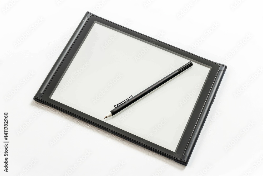 A sleek, modern writing tablet and pen resting on a clean, white surface inviting creativity and expression during brainstorming sessions isolated on transparent background A sleek, modern writing tablet and pen resting on a clean, white surface inviting creativity and expression during brainstorming sessions isolated on transparent background