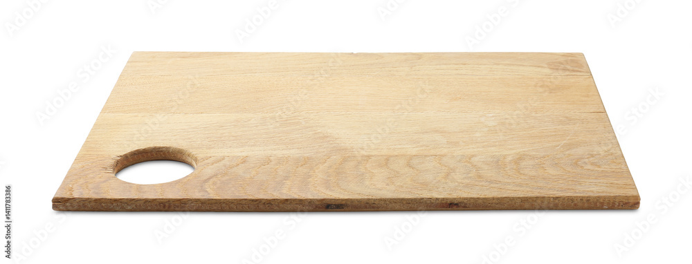 One wooden serving board isolated on white. Space for text