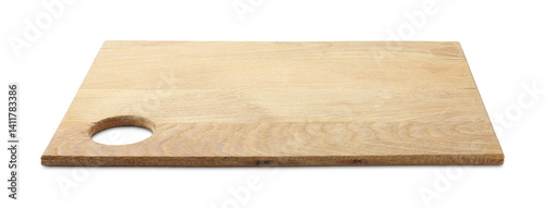 One wooden serving board isolated on white. Space for text