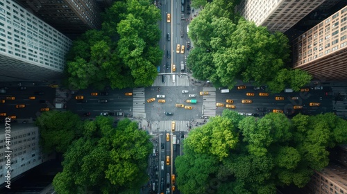 Overhead view captures vibrant yellow cabs navigating a city intersection, framed by lush green trees and towering buildings with a bright outdoor setting. The composition provides a striking