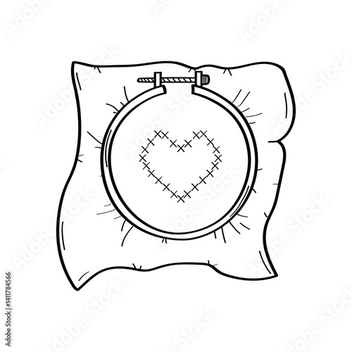 Cross-stitch embroidery hoop and canvas. Vector doodle illustration. Print for design. Isolate on a white background.