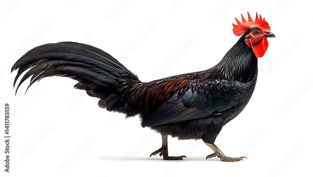 Fototapeta premium Black chicken with a red neck, isolated on a white background