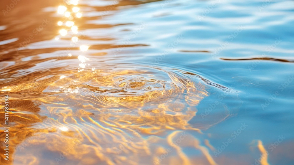 Close up shot of clear water with golden sand underneath, small waves and light reflections, creating a beautiful bokeh effect. Shot in daylight, showcasing the water's clarity and natural beauty