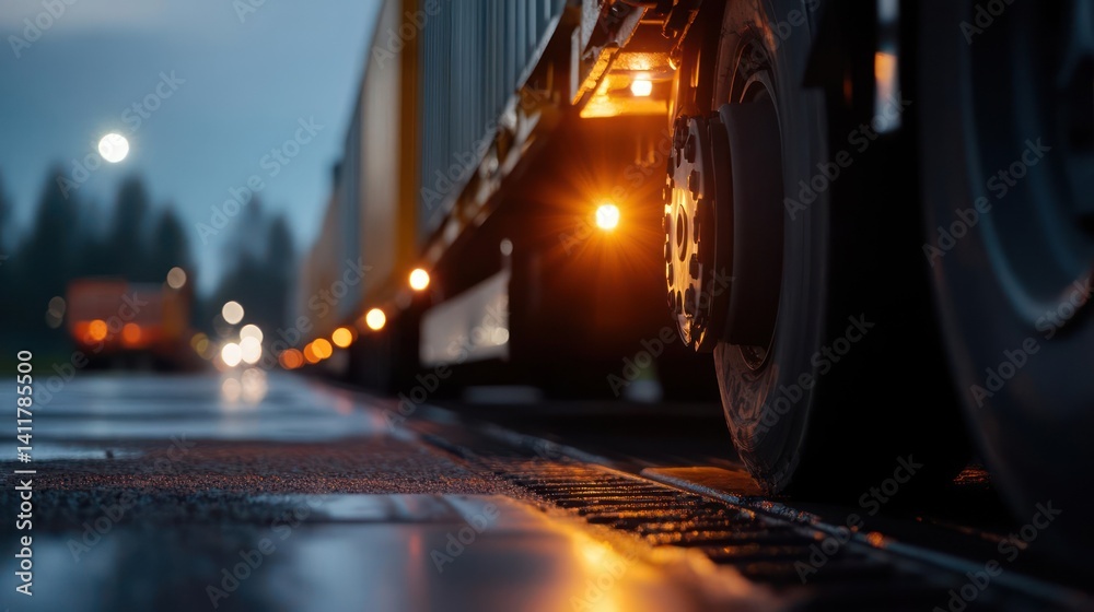 Close up shot of a semi-truck's wheels and glowing lights on a wet asphalt road during twilight, providing a ground-level view with another truck visible in the blurry distance. The sky is overcast