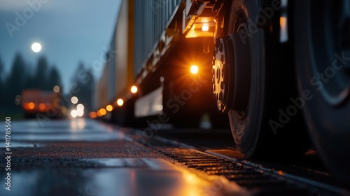Obraz na płótnie Close up shot of a semi-truck's wheels and glowing lights on a wet asphalt road during twilight, providing a ground-level view with another truck visible in the blurry distance. The sky is overcast w salonie