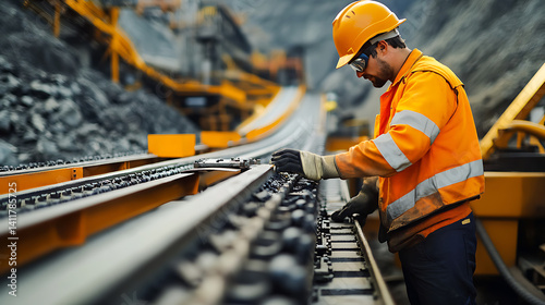 Mining site technician performing maintenance on a conveyor belt for lithium ore transport. Featuring equipment upkeep