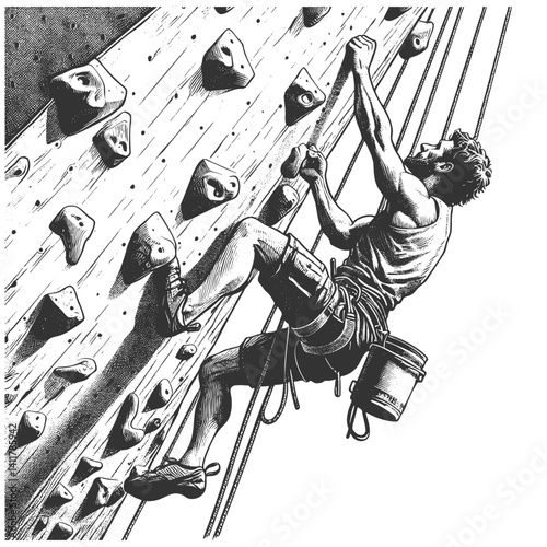 athletes climbing an indoor rock wall, wearing harnesses and using safety ropes, depicting strength, focus, adventure sketch engraving generative ai vector illustration. Scratch board. Black and white