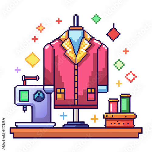 Colorful Pixel Art Seamstress Scene with Sewing Machine and Jacket Display