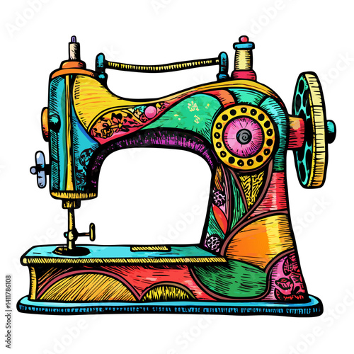 Vintage Sewing Machine Illustration with Colorful Patchwork Design