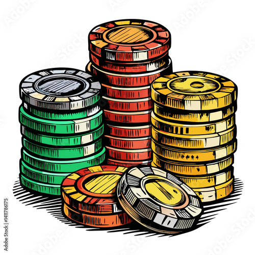 Colorful Stacks of Casino Chips Illustration in Hand Drawn Style