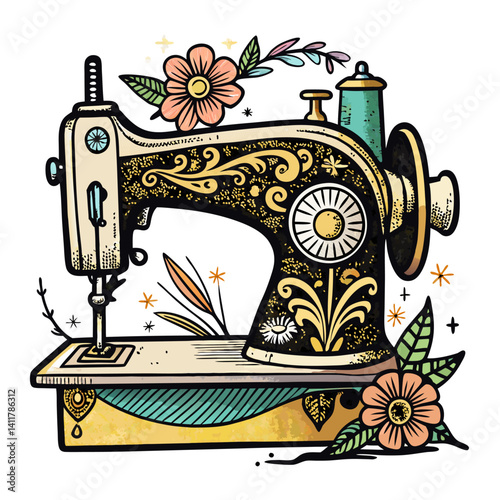 Vintage Sewing Machine with Floral Embellishments in Retro Style Illustration