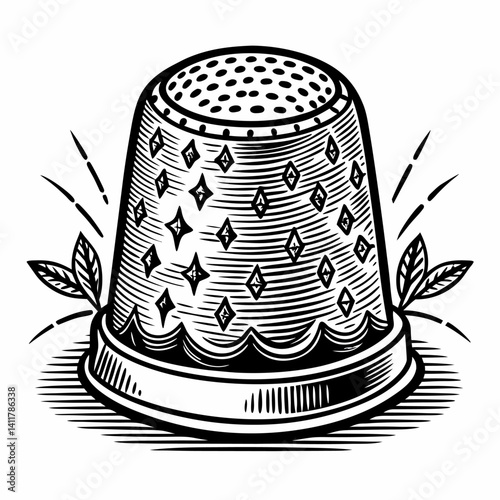 Vintage Engraved Thimble with Geometric Patterns and Leaves in Black and White Illustration