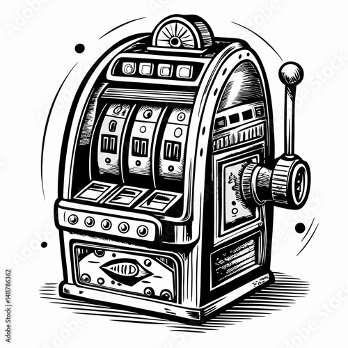 Vintage Slot Machine Illustration in Retro Black and White Style