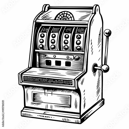 Vintage Slot Machine Illustration Retro Casino Gambling Design in Black and White
