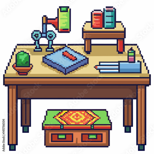 Retro Pixel Art Workspace with Books, Lamp, and Accessories on Wooden Desk