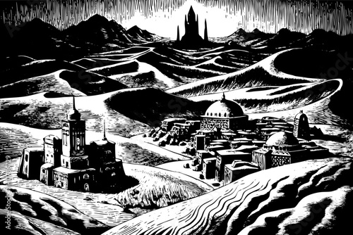 Black and White Fantasy Landscape with Ancient Architecture and Distant Mountains