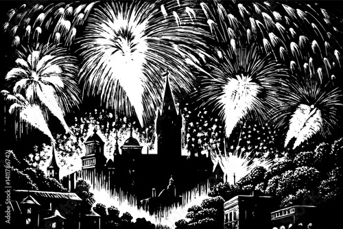 Black and White Fireworks Over Castle Skyline Illustration