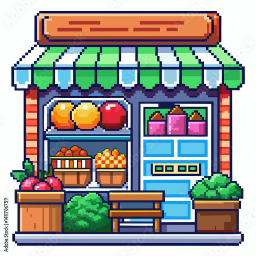 Pixel Art Fruit Shop Front with Fresh Produce and Plants