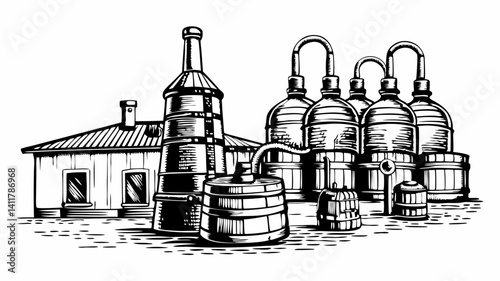 Vintage Distillery Illustration Hand Drawn Retro Winery Equipment Art