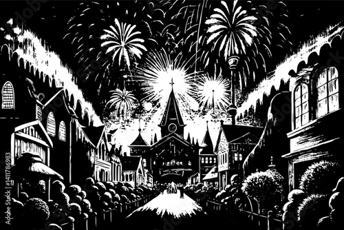 Vintage Village Firework Celebration Black and White Nighttime Illustration